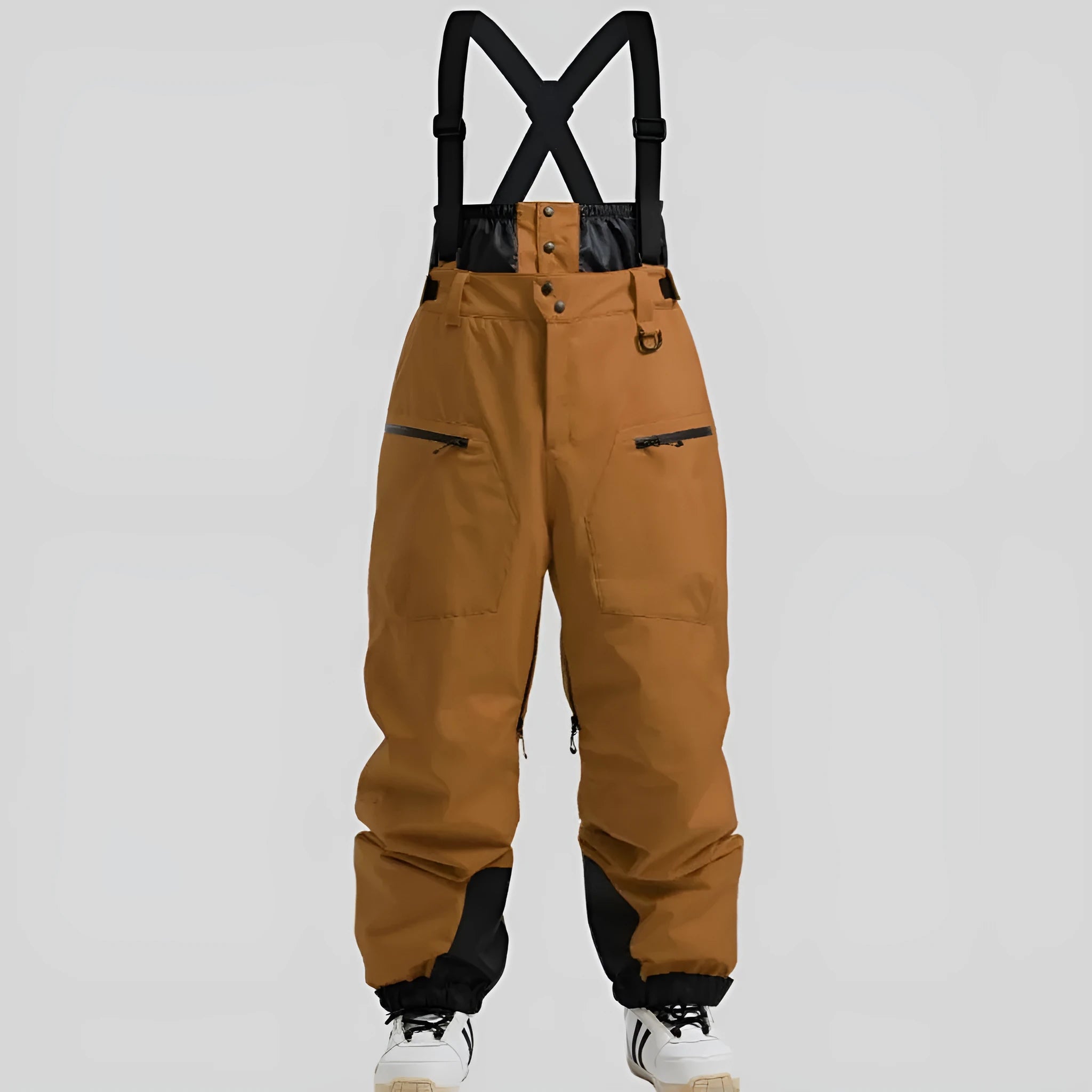 Men's adjustable strap waterproof ski trousers in black, brown, khaki, and navy blue colours.