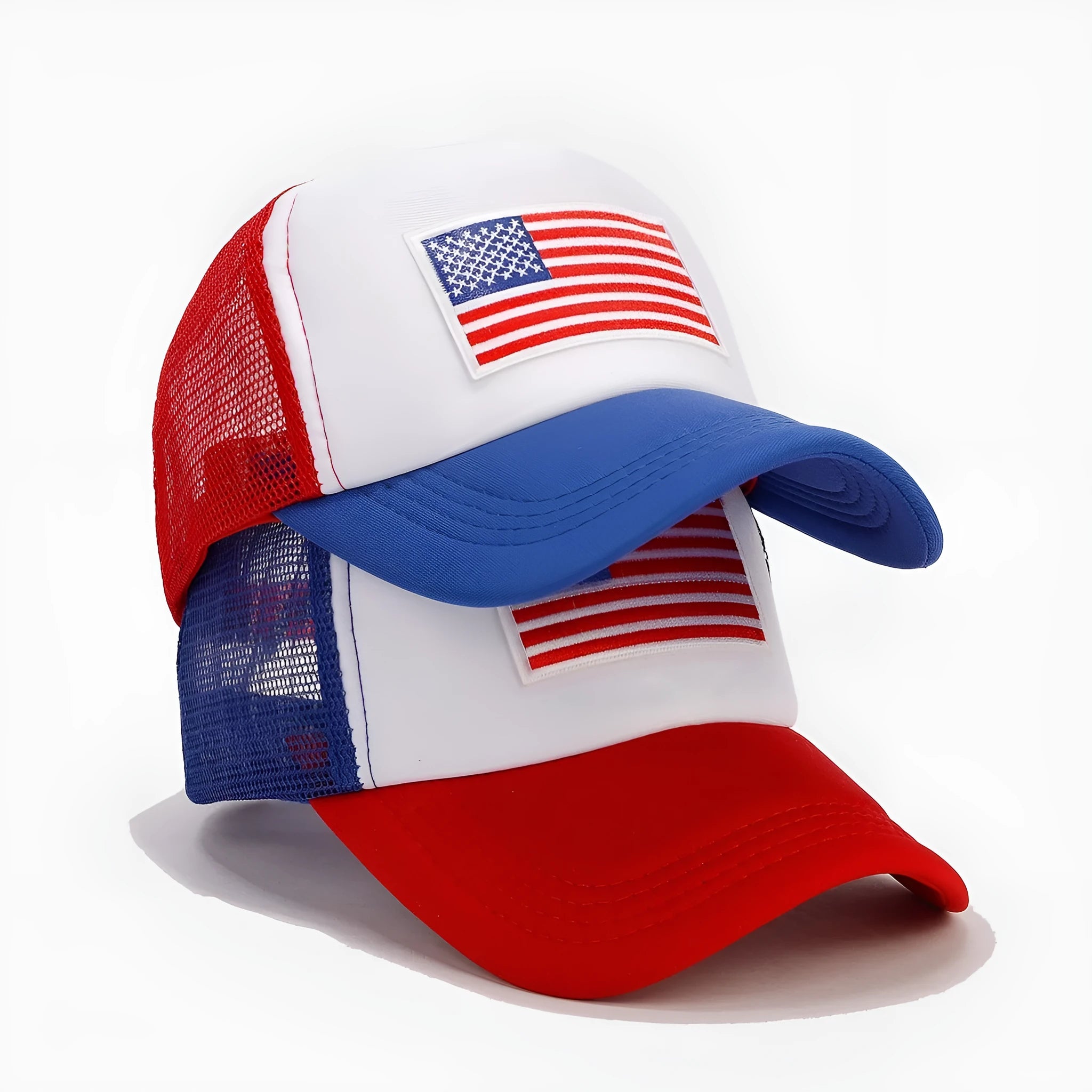 Red and blue colour contrast adjustable baseball cap with breathable mesh fabric