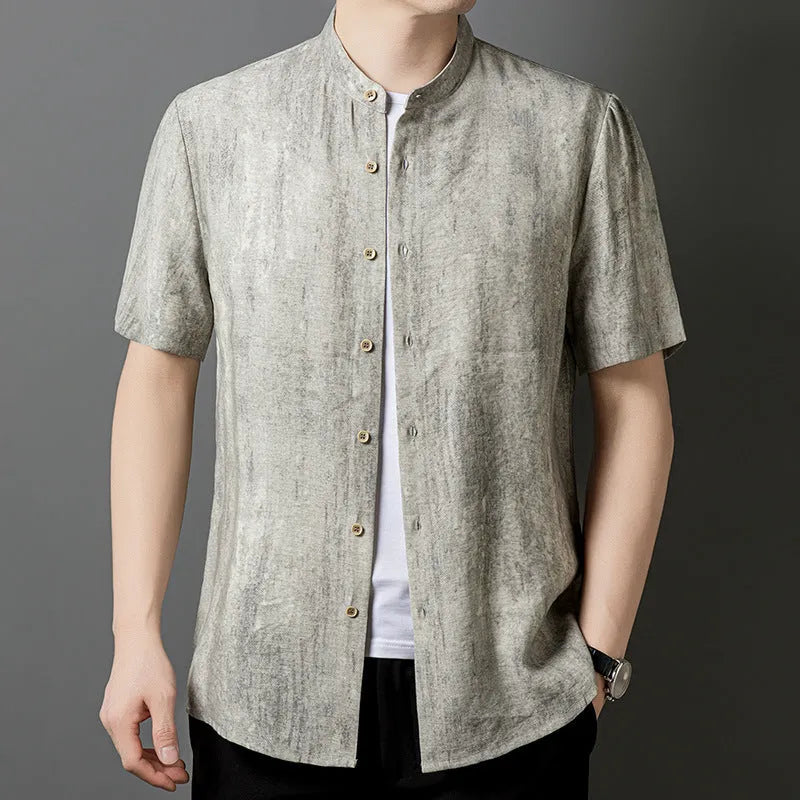 Men's loose linen-style cardigan in solid colour with stand collar, shown in black grey and white grey options