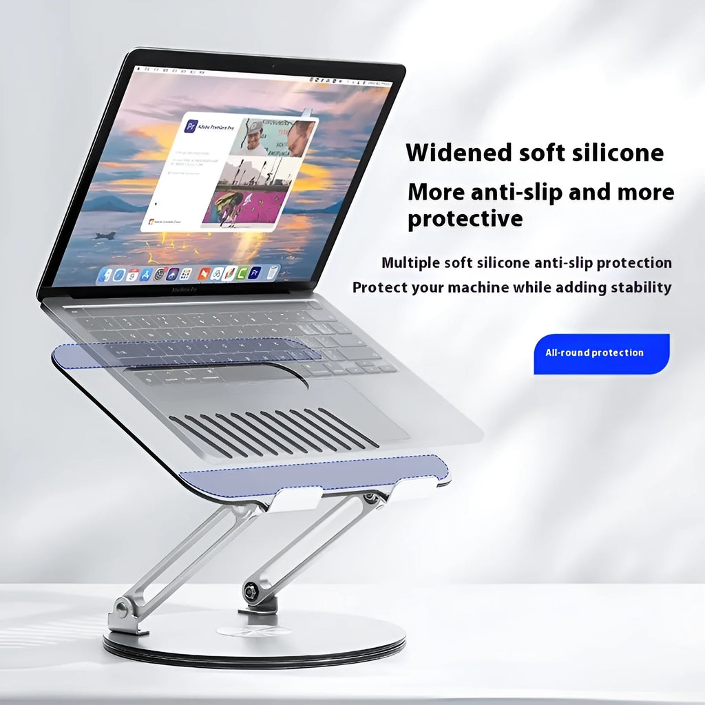 Silver aluminium alloy laptop stand with rotatable and foldable design on desk