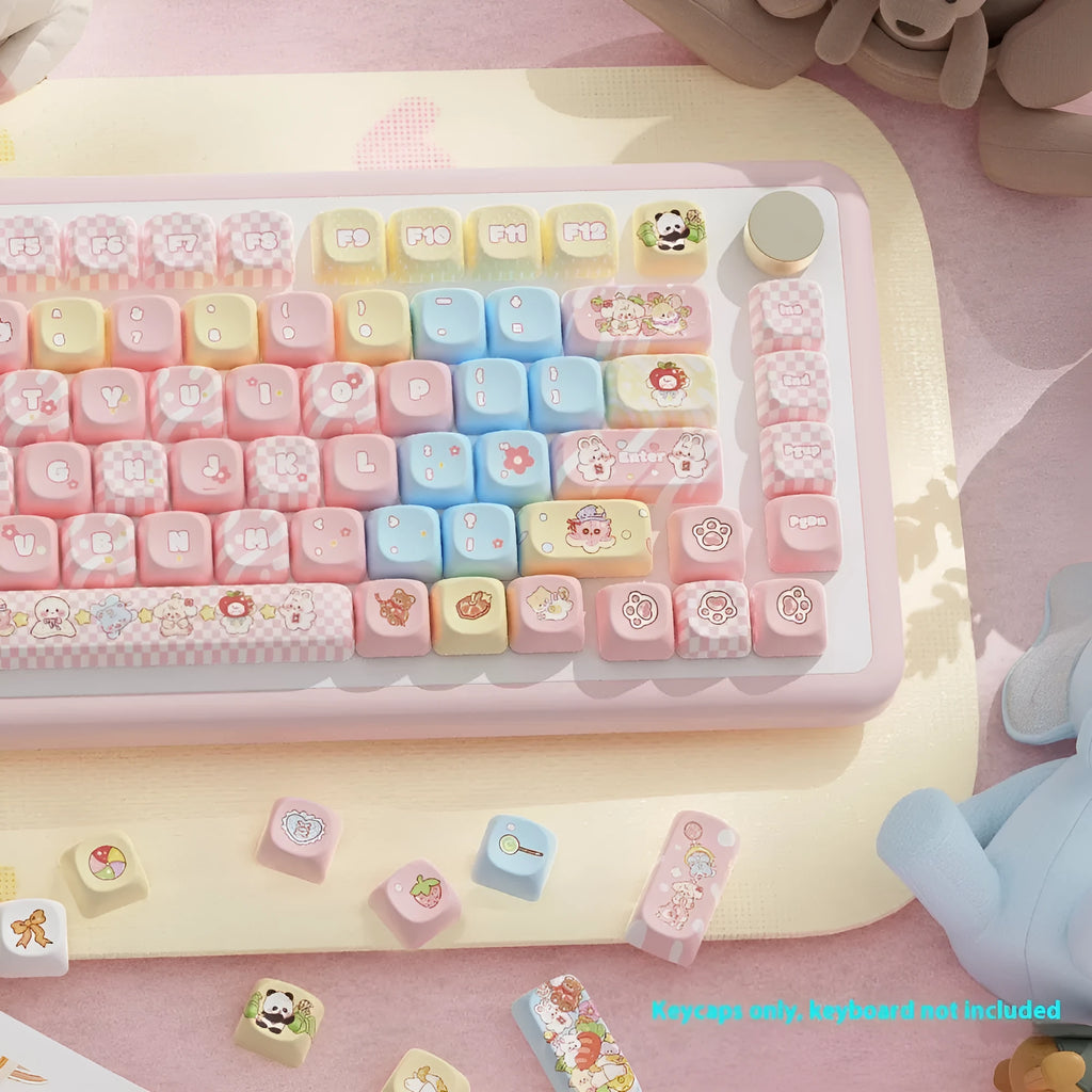 Doll-themed mechanical keyboard keycap set with sublimation dye colours showing anime character designs