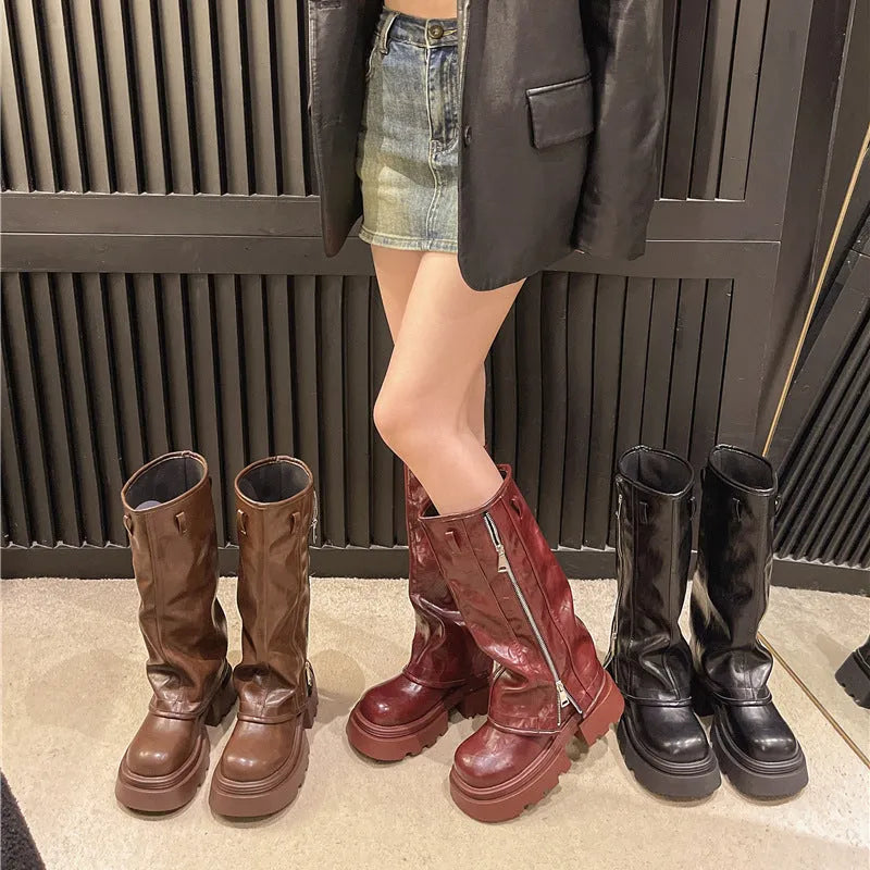 Platform muffin pants Martin boots with square heel in black, brown, and wine red colours