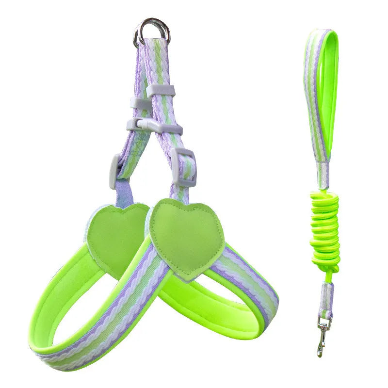 Nylon dog walking vest chest strap with 1.5 metre rope in multiple colour options
