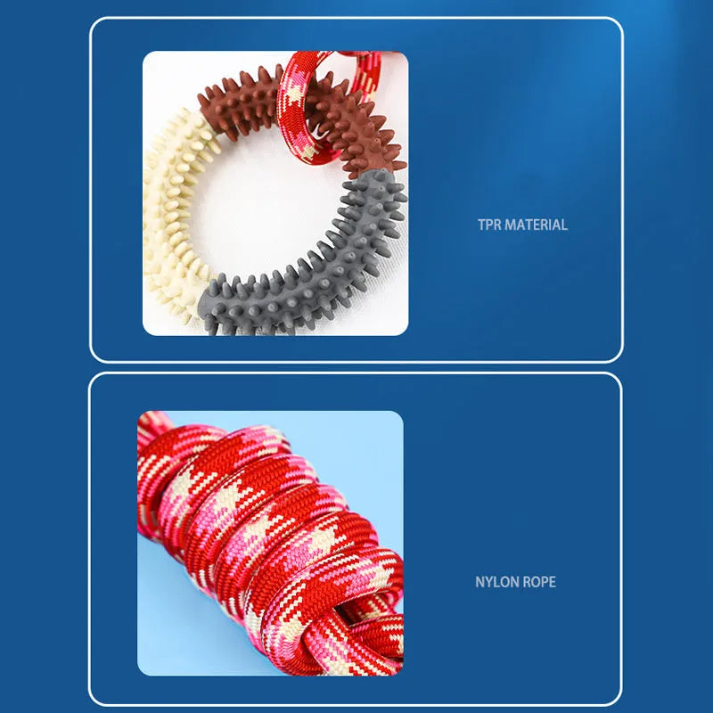 Blue braided rope pet toy with puppy knot design for biting and chewing
