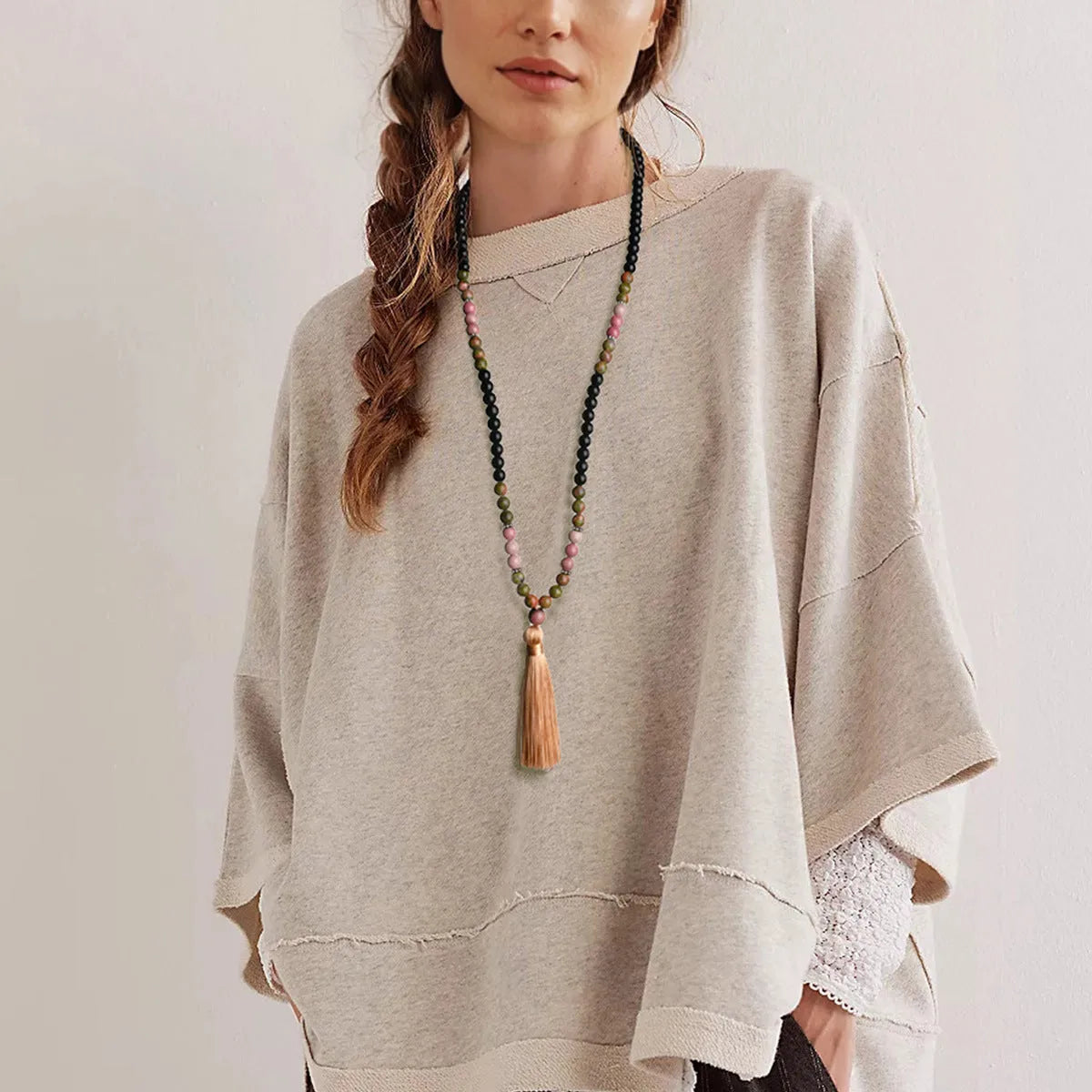 Long natural stone tassel necklace with 108 beads and mixed gem pendant