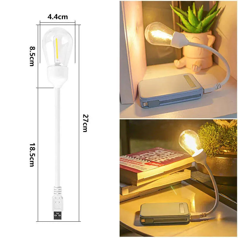 USB rechargeable folding tungsten filament night light in extended position showing warm white illumination