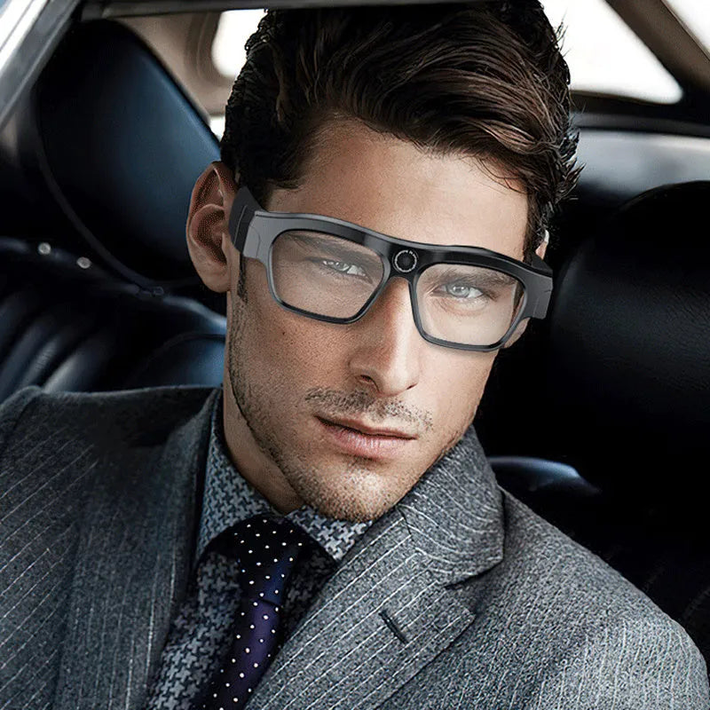 Black head-mounted smart Bluetooth glasses with transparent lenses for video recording