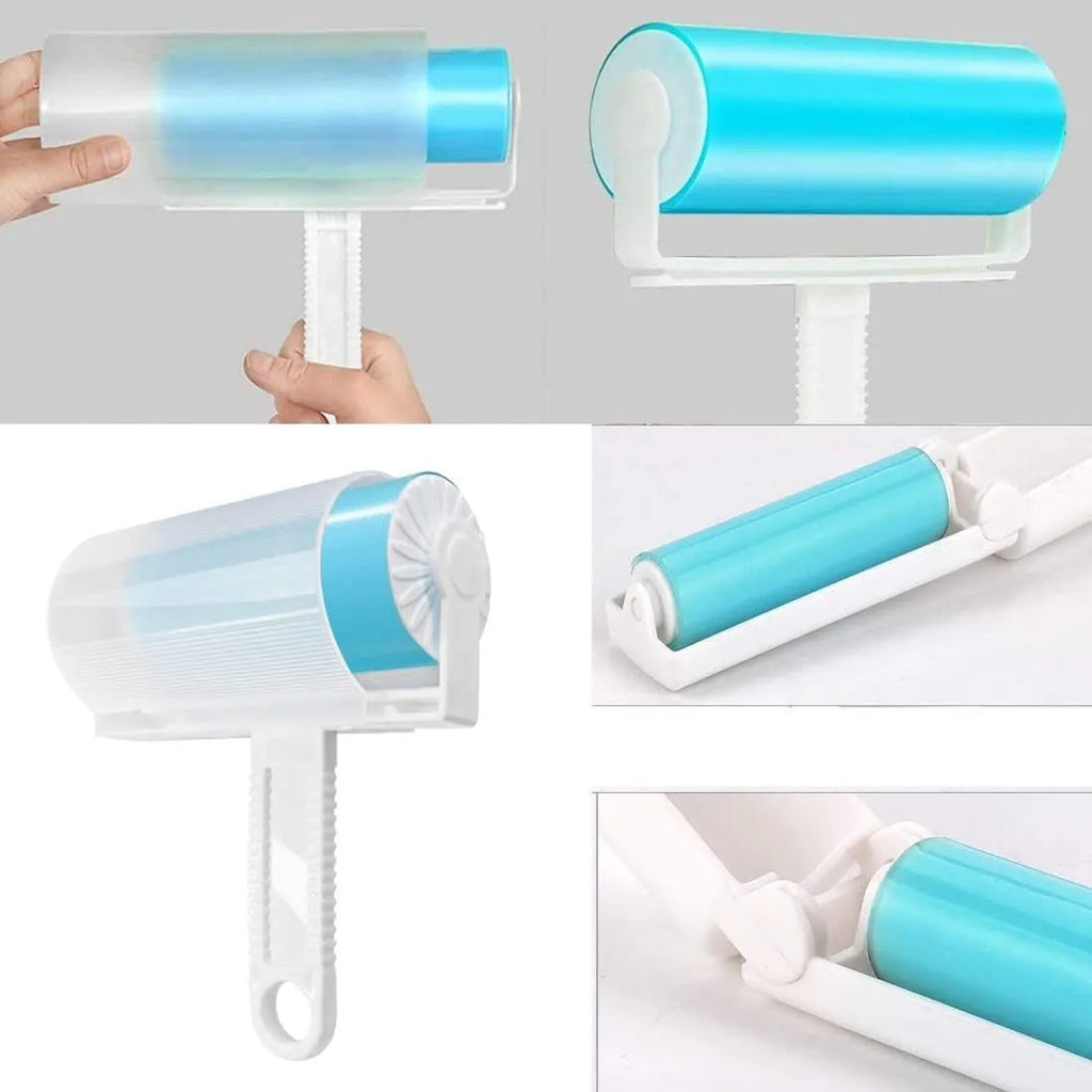 Washable reusable lint roller with cover for pet hair removal on blue background