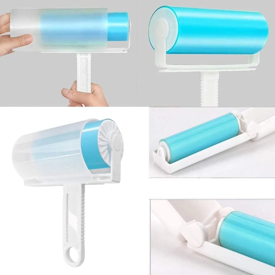 Washable reusable lint roller with cover for pet hair removal on blue background