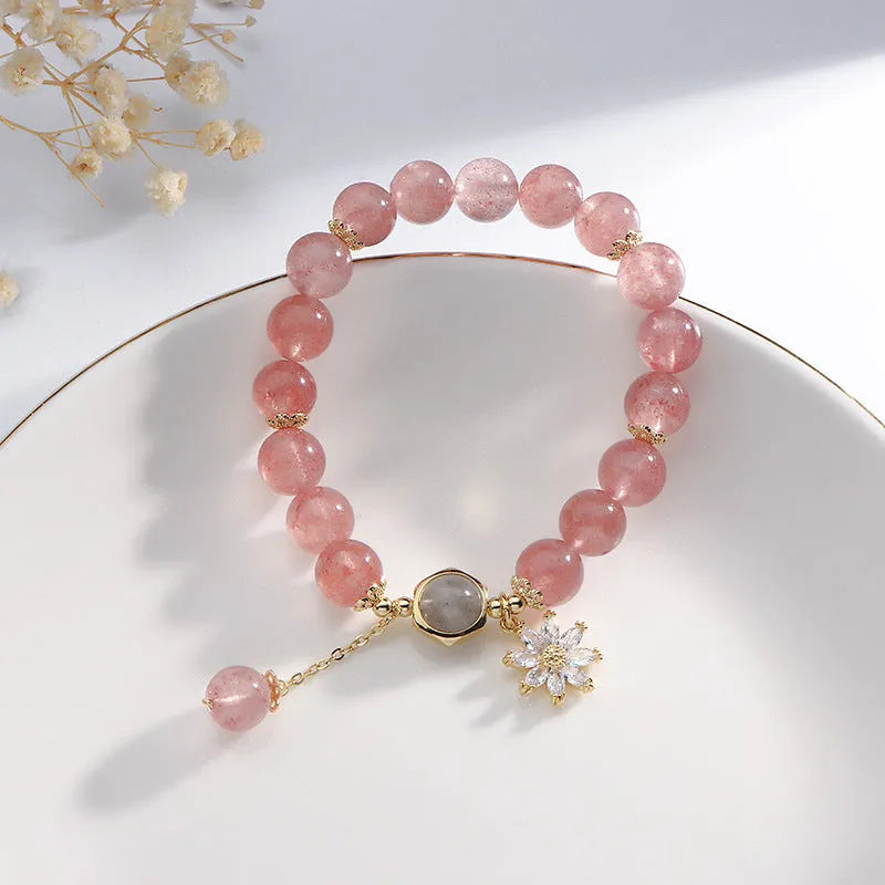 Pink strawberry quartz crystal bracelet with electroplated metal components and floral design in Mori style