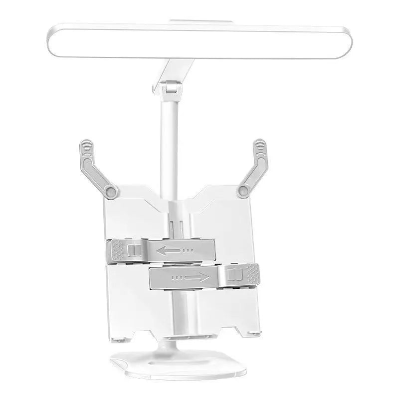 Adjustable LED table lamp with bookshelf design showing three colour temperature settings and charging cable