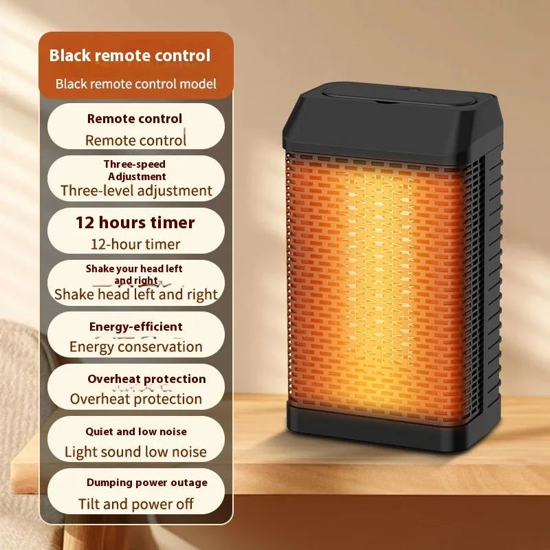 Black remote control desktop electric heater on a desk