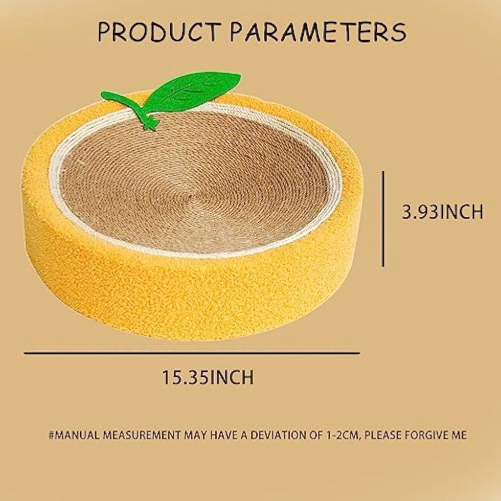 Yellow fruit-shaped sisal cat scratching board and bed with concave centre for small breeds