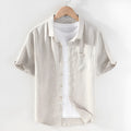 Men's linen short sleeve shirt with square collar in raw jute colour