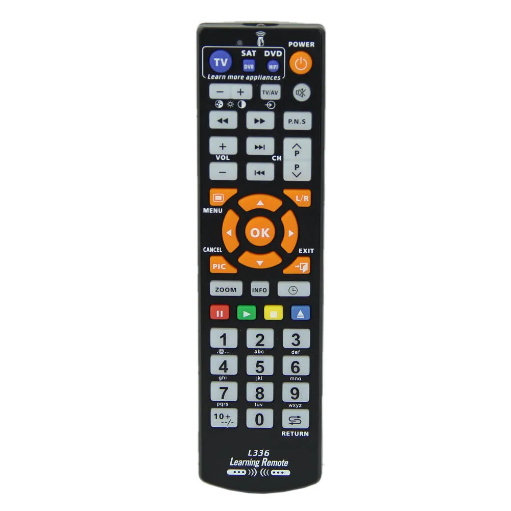 Black L336 learning remote control showing full key layout with programming capability for audio equipment