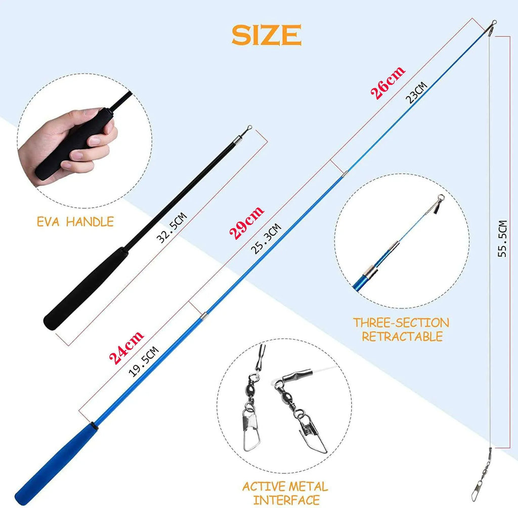 Cat teaser fishing rod set with two telescopic rods and 10 feather replacement heads