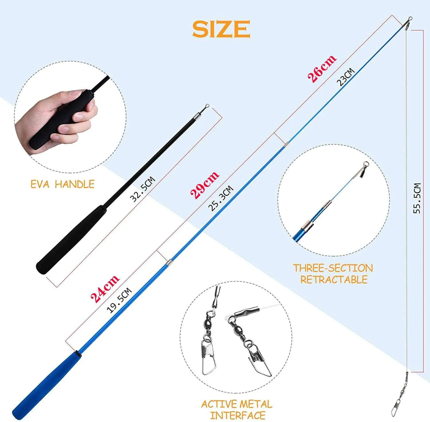Cat teaser fishing rod set with two telescopic rods and 10 feather replacement heads