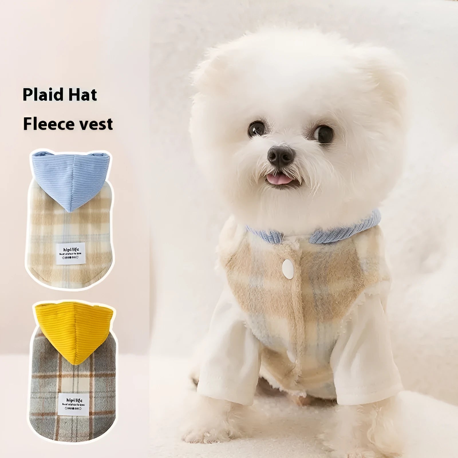 Blue chessboard grid hooded dog vest with traction features on corduroy fabric