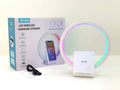 White Bluetooth speaker with wireless charging pad and ambient lighting, 225mm by 200mm dimensions