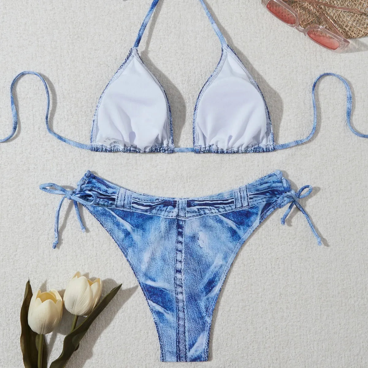 Women's denim blue printed bikini set with strap styling and spandex lining