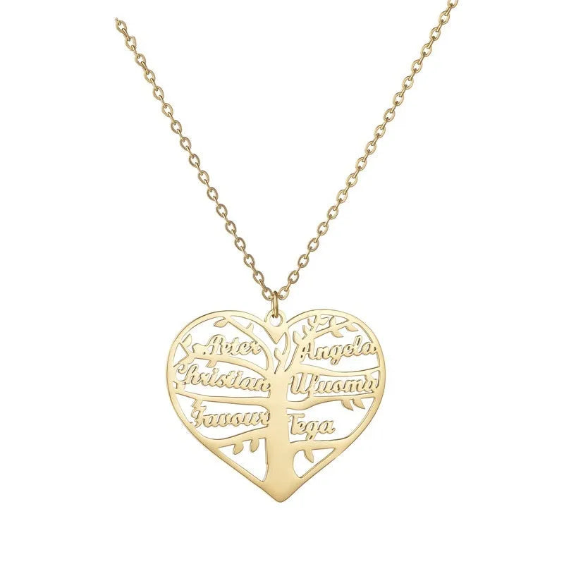Women's personalised stainless steel necklace with hollow heart life tree pendant for custom names