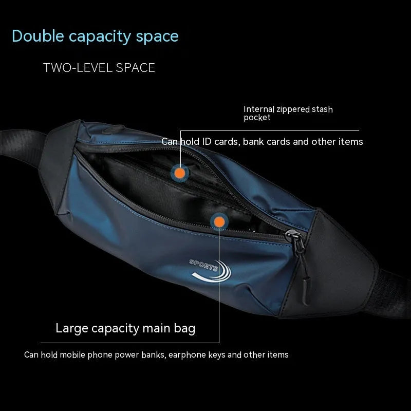Men's waterproof sports waist bag in polyester Oxford fabric in black, blue or grey colours