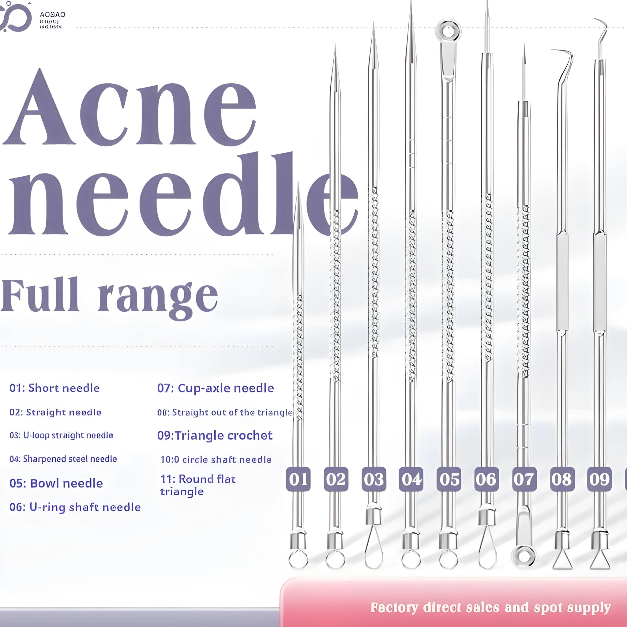 Four silver metal acne needles and a handling clip laid out on a clean surface.