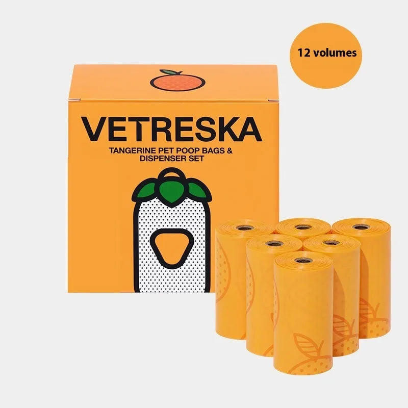 Dog waste disposal capsule with biodegradable bags in strawberry, orange, and cherry blossom colour options