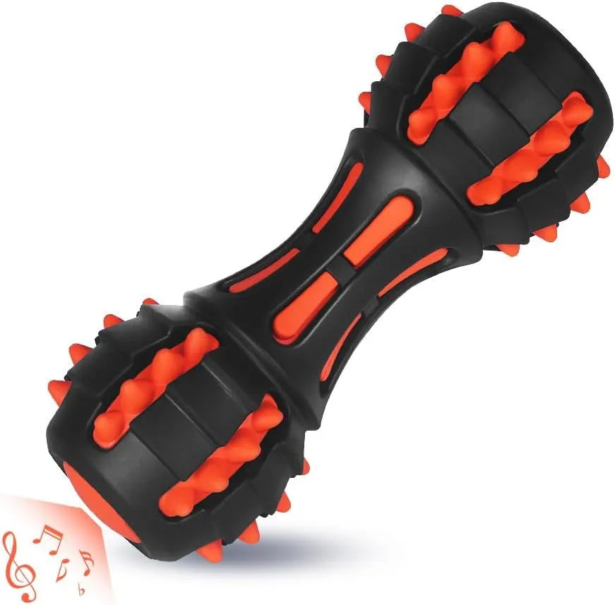 Red rubber dumbbell-shaped dog chew toy for medium and large breed aggressive chewers
