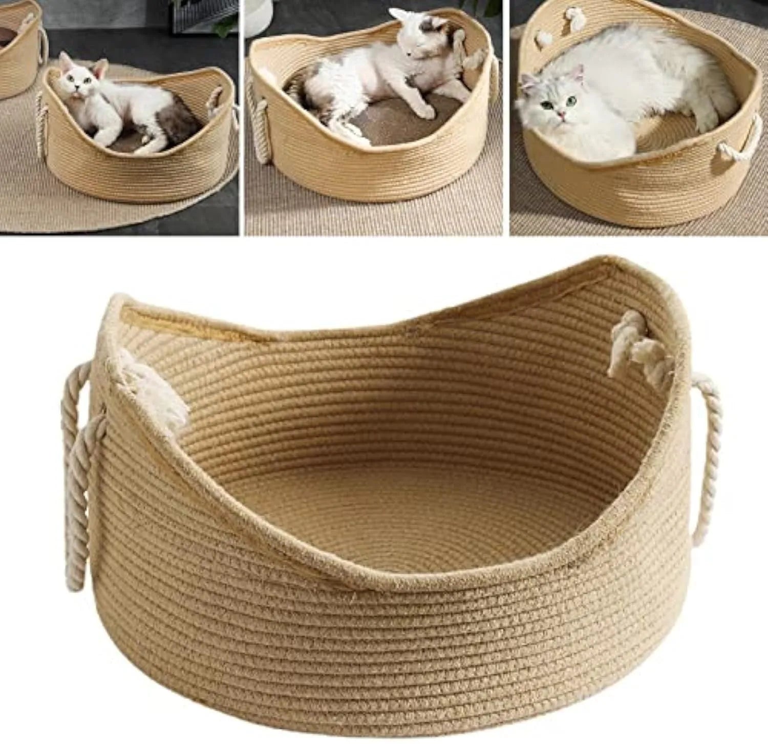 Woven wicker cat bed basket with corrugated scratching board interior for feline resting and claw maintenance