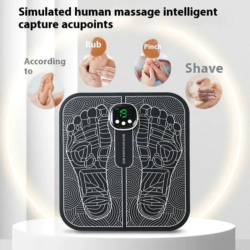 Blue electronic foot massager mat with remote control and USB charging cable