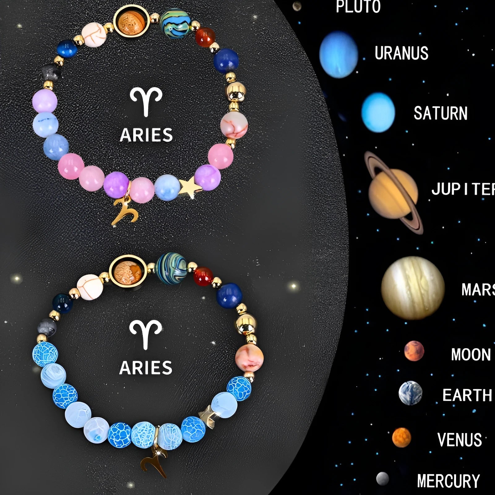Set of two natural stone beaded bracelets showing zodiac symbols with adjustable knot closures
