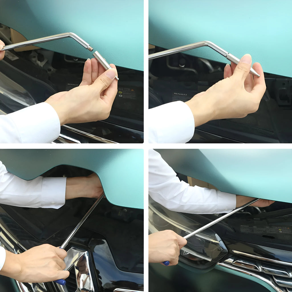 Three alloy steel hook crowbars for car dent repair on a workbench.