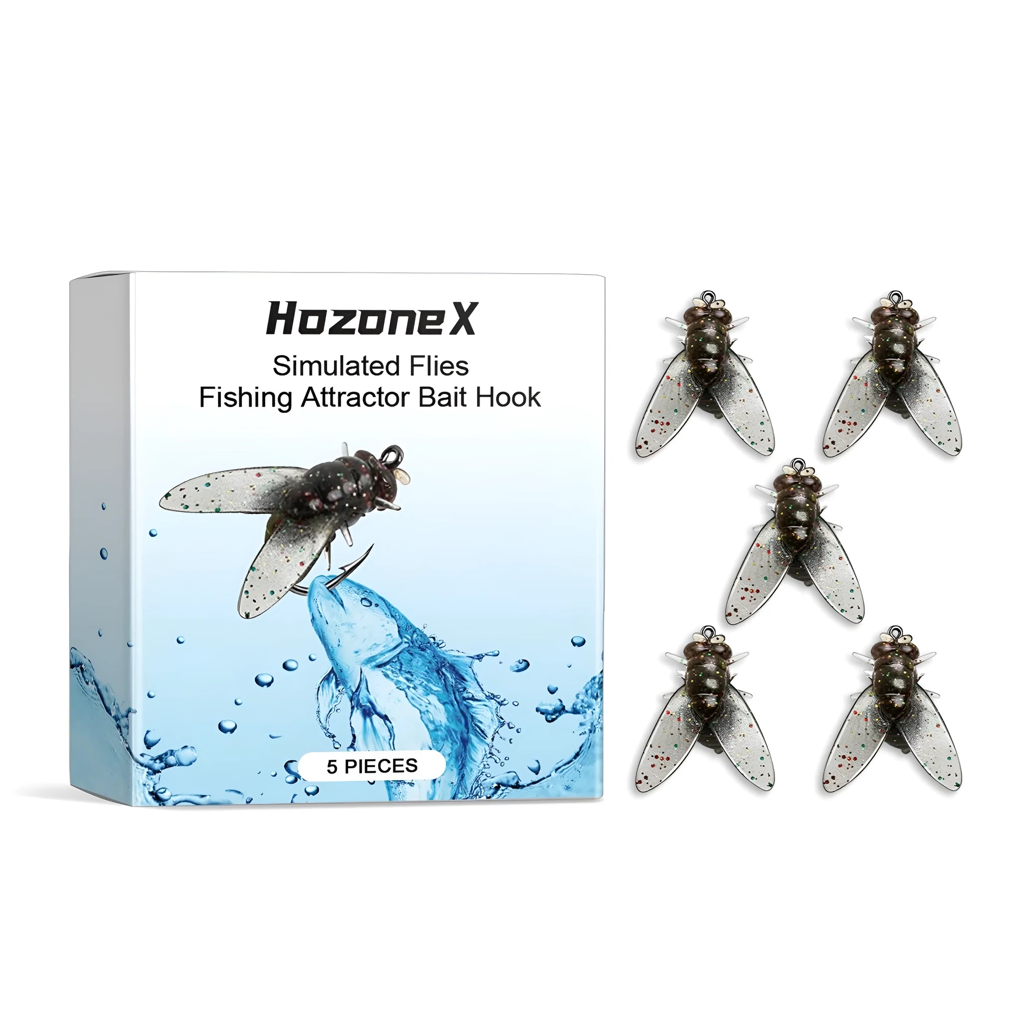 Five small, soft silicone fishing lures in insect shapes, each measuring 1.5cm, on a fly hook.