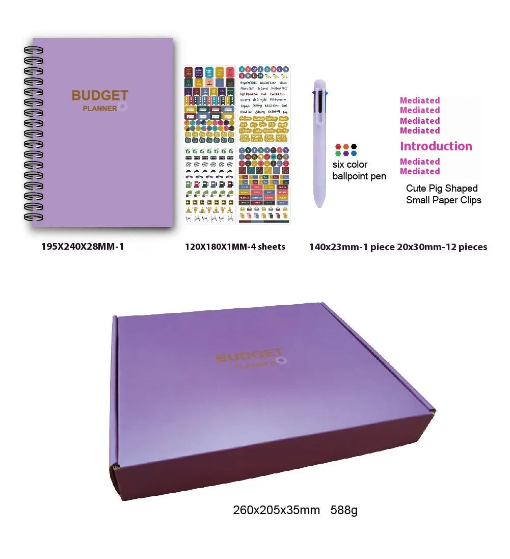 Purple coil-bound budget notebook with stickers for monthly financial planning showing Daolin paper pages
