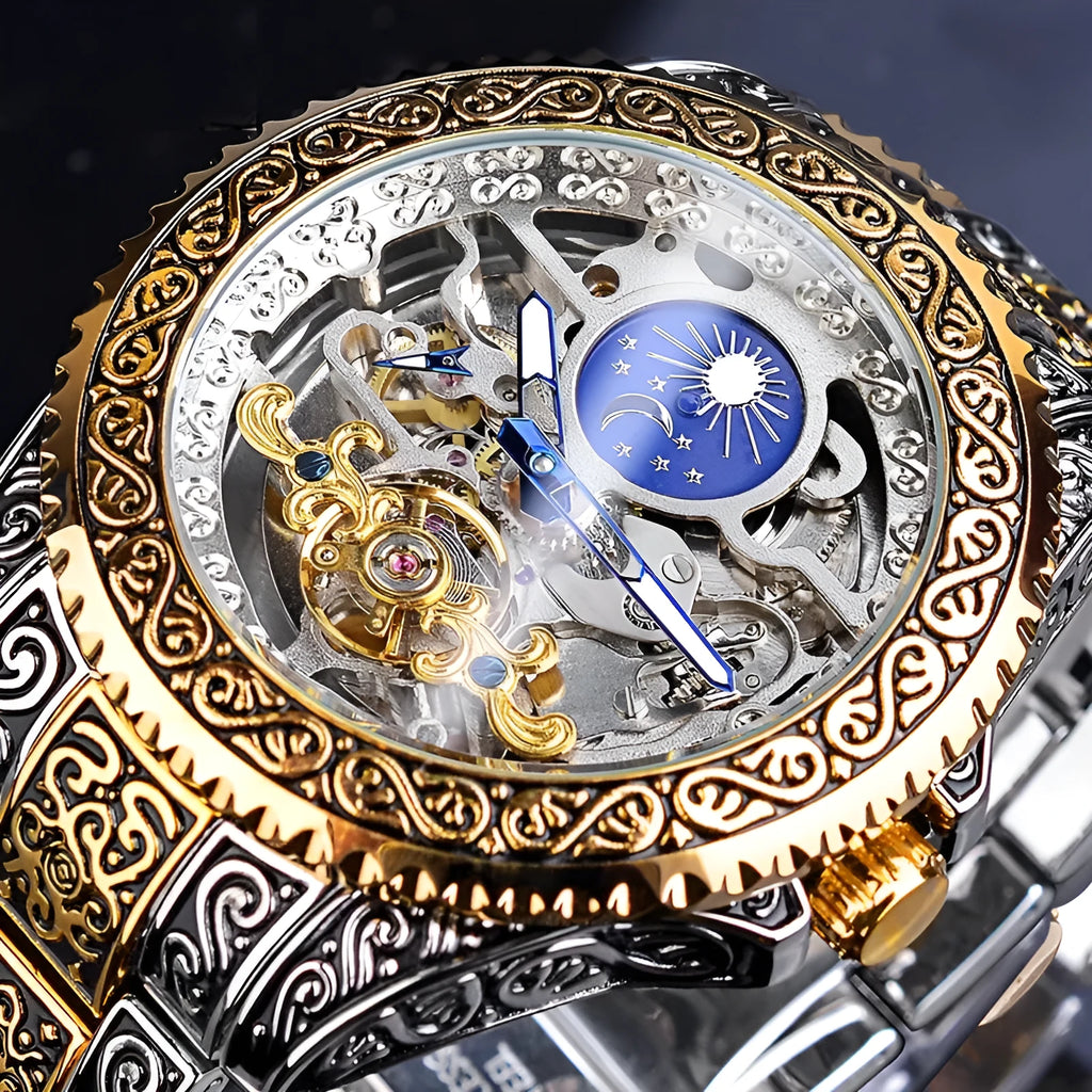 Forsining yellow gold skeleton tourbillon automatic watch with 44mm stainless steel case