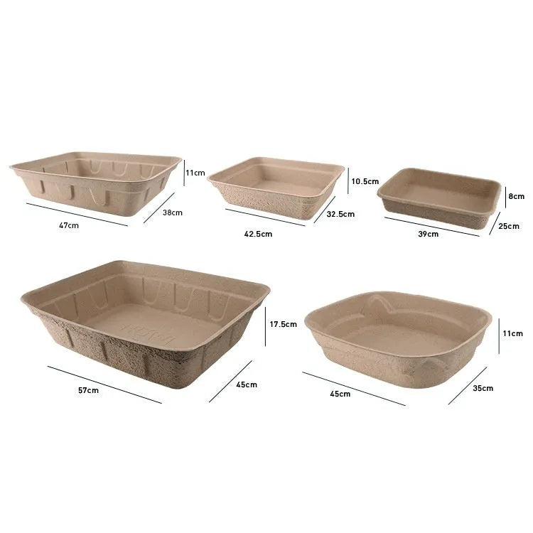 Brown biodegradable disposable cat litter box showing waterproof design with three size options