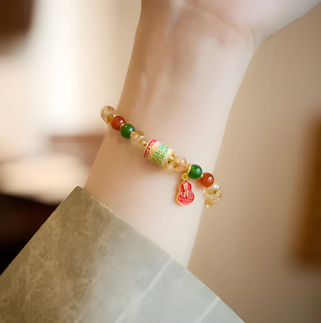 Hand-woven citrine five sutra bracelet with 6mm gemstones and geometric patterns