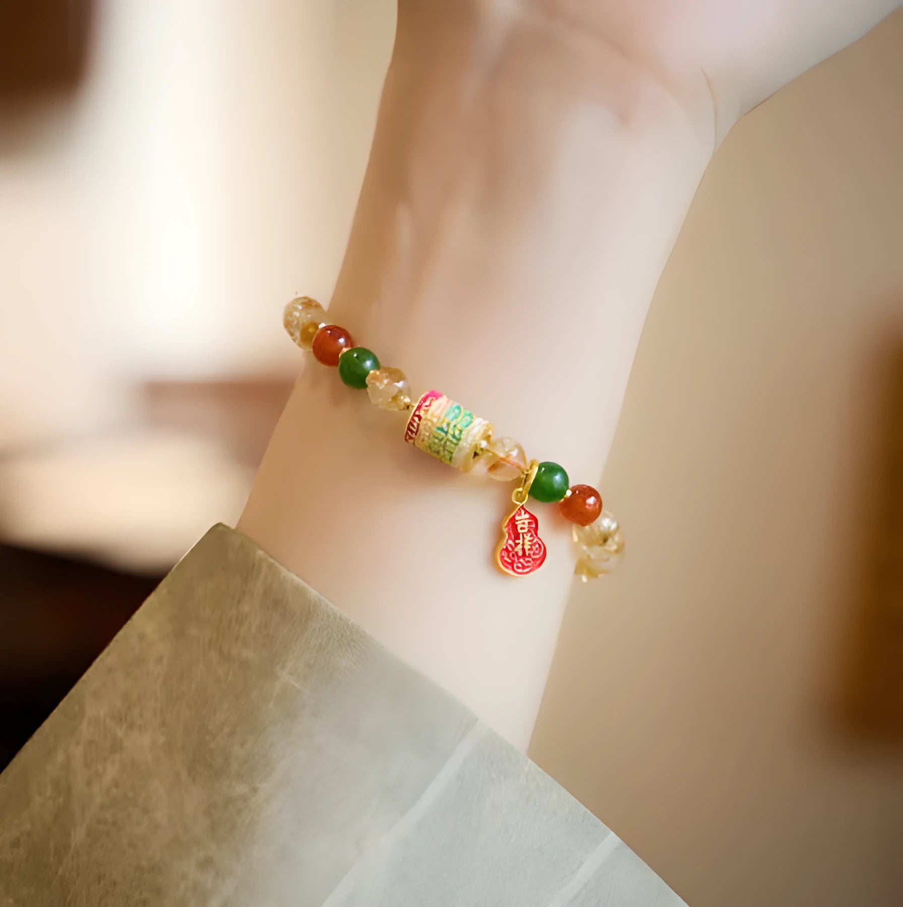 Hand-woven citrine five sutra bracelet with 6mm gemstones and geometric patterns