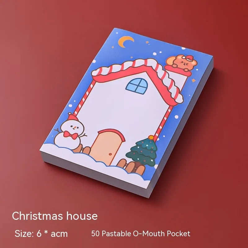 Christmas cartoon sticky notes set with Santa Claus, Elf, Snowman, Gift, Sled, House, Crystal Ball, and Christmas Bear designs
