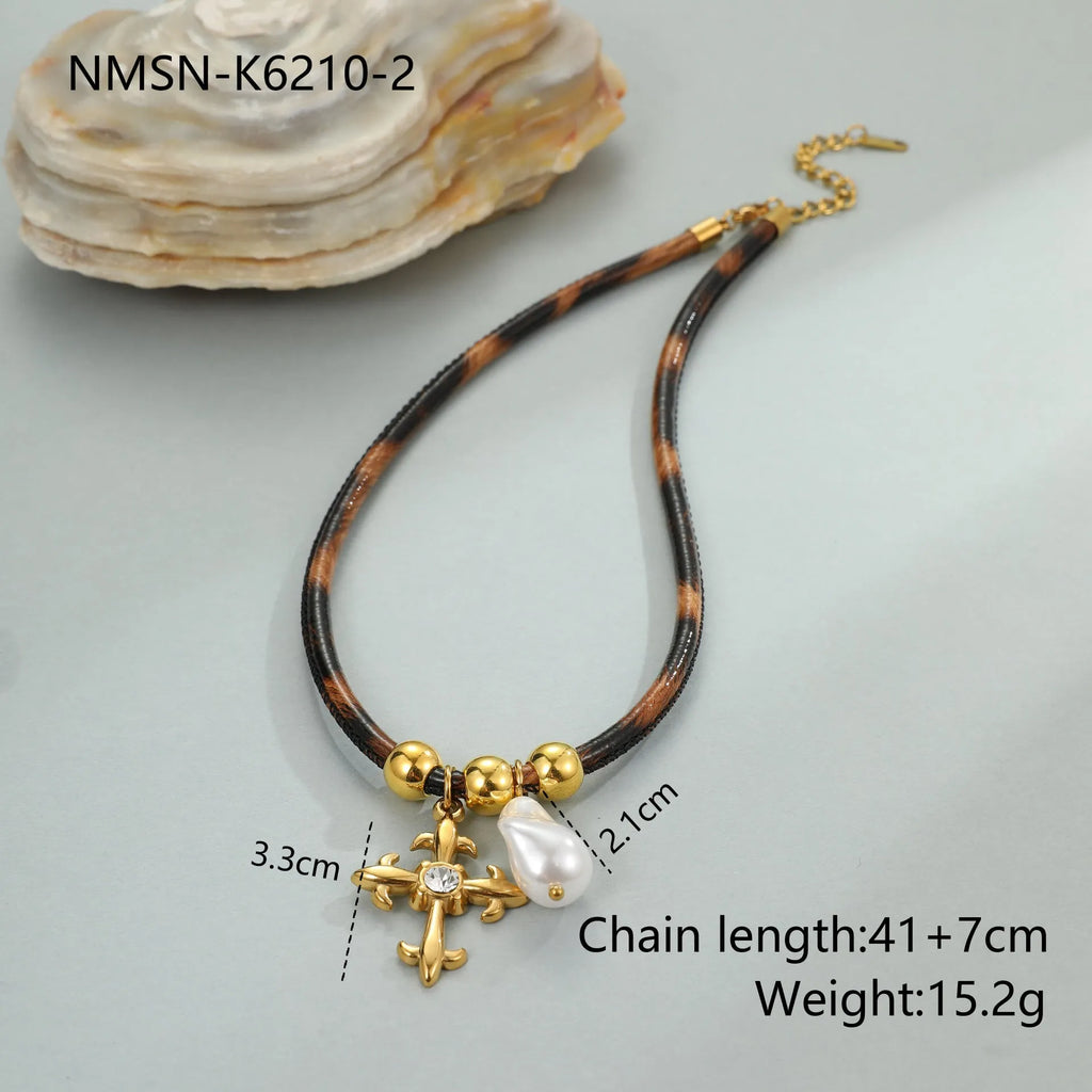 Leopard print geometric pendant necklace on stainless steel chain with adjustable length