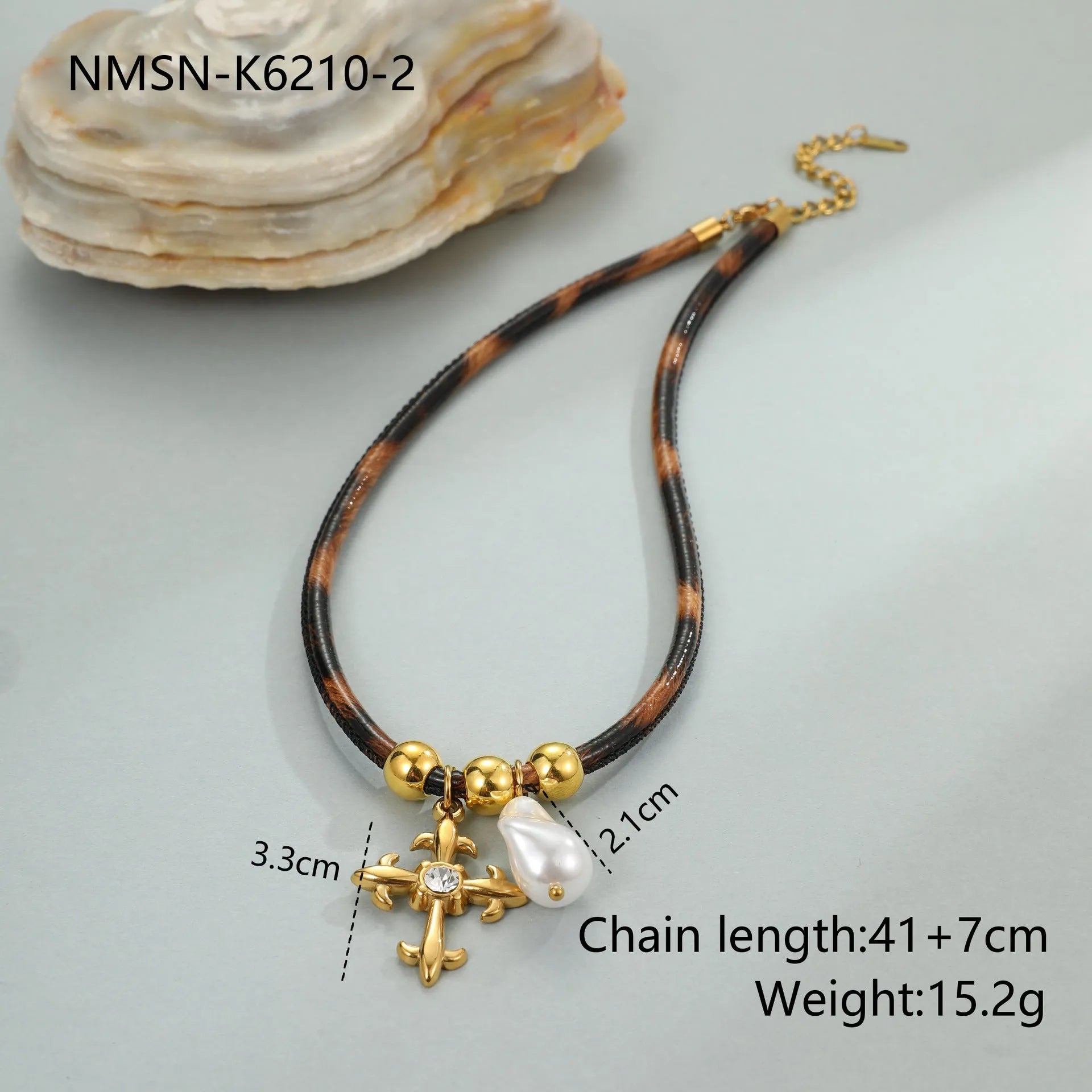 Leopard print geometric pendant necklace on stainless steel chain with adjustable length