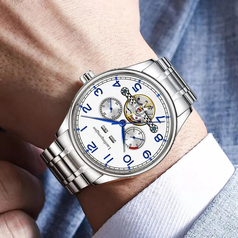 Men's stainless steel mechanical business watch with sapphire glass and leather strap