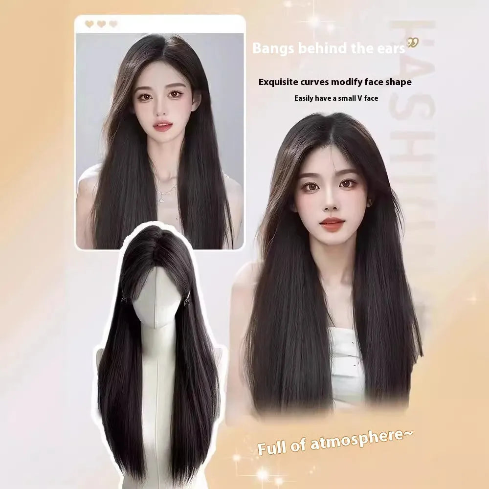 Long straight synthetic wig with forehead lace front and side bangs in dark brown colour.