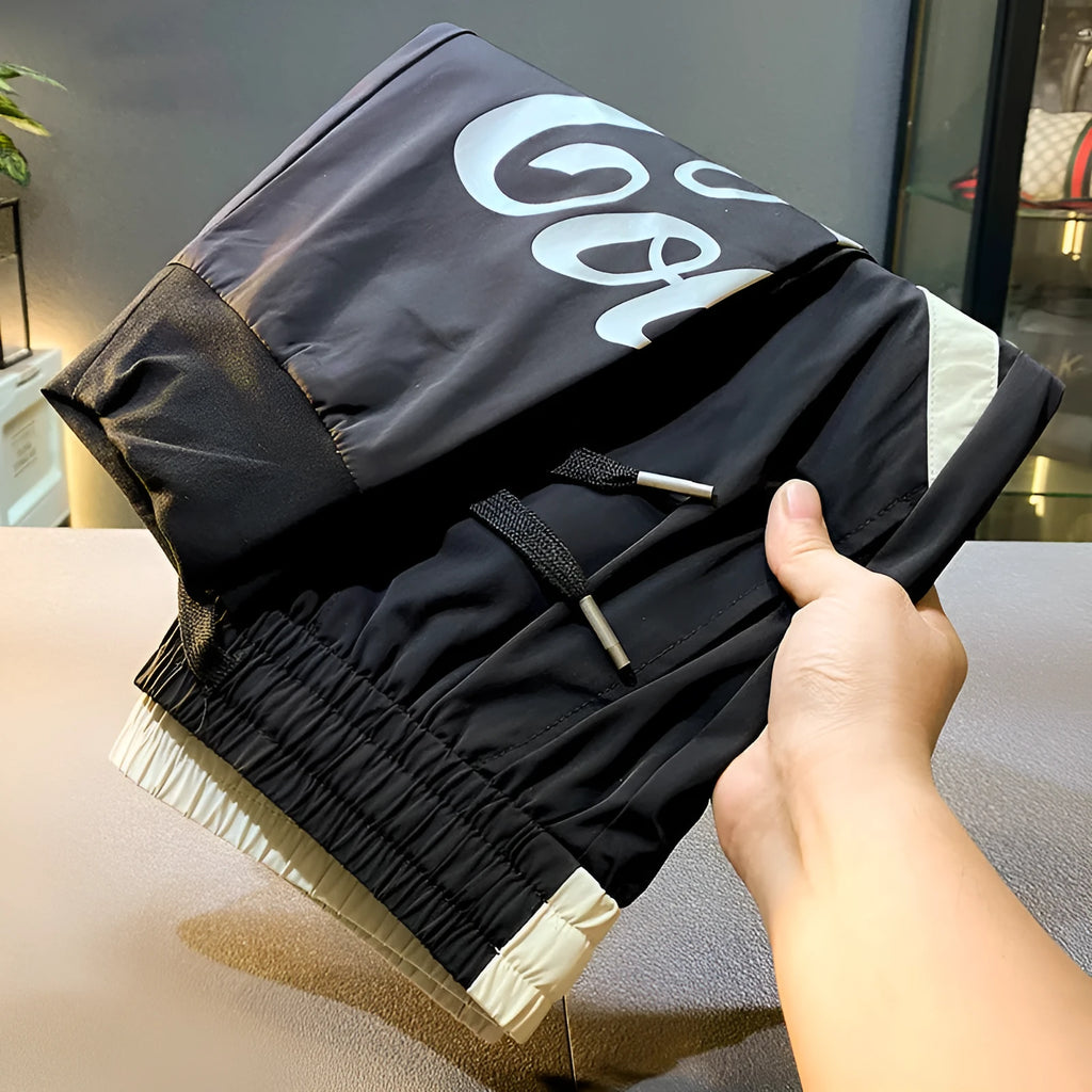 Men's black ultra-thin ice silk ankle banded cropped trousers casual cotton pants
