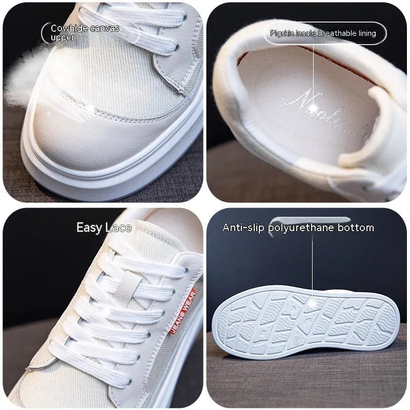 Beige and pink women's leather board shoes with thick soles on a white background.