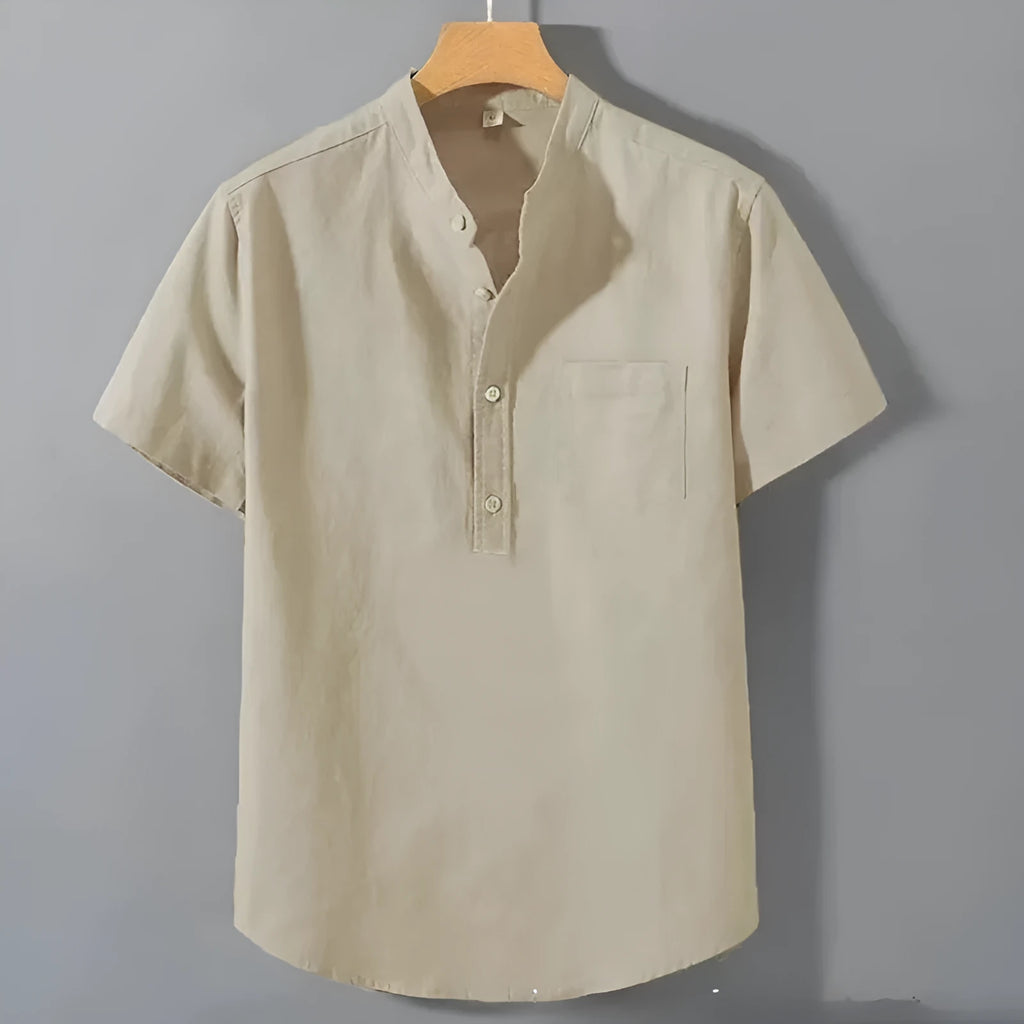 Men's casual short sleeve linen shirt with stand collar in slub fabric, loose fit pullover style