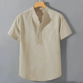 Men's casual short sleeve linen shirt with stand collar in slub fabric, loose fit pullover style