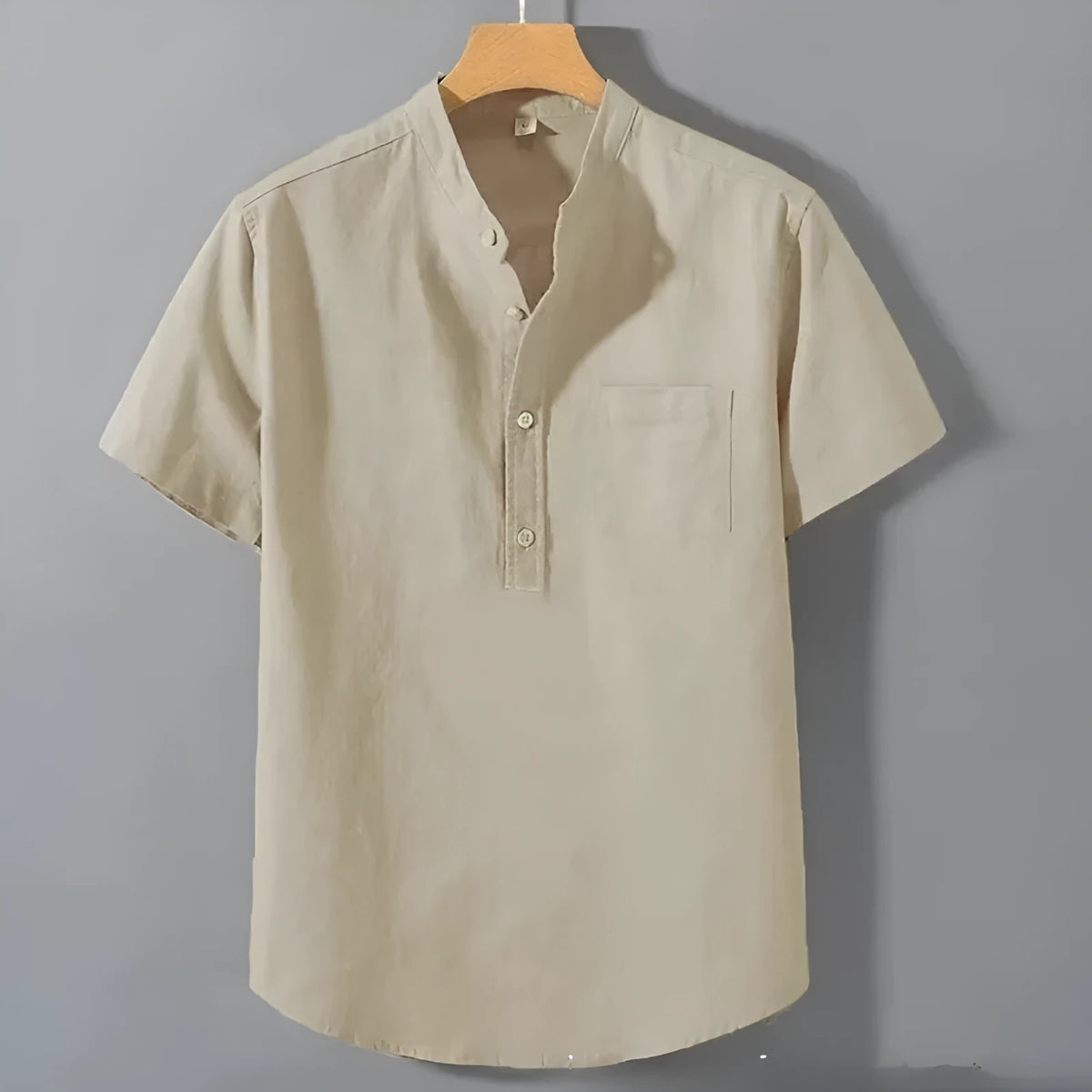 Men's casual short sleeve linen shirt with stand collar in slub fabric, loose fit pullover style