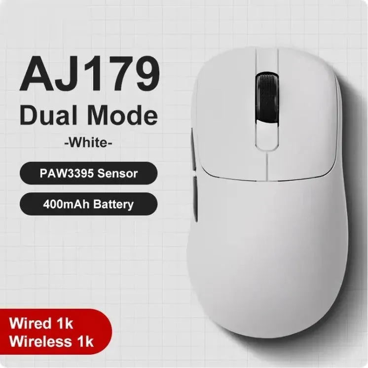AJ159 white and black gaming mouse with three-mode connectivity on a mouse mat